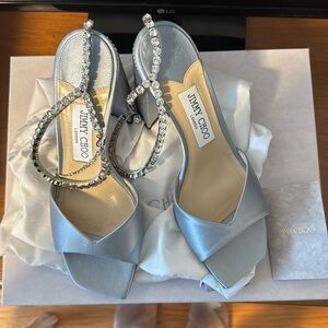 Jimmy Choo Saeda 85 Crystal-embellished Satin Sandals In Ice Blue. Size 37